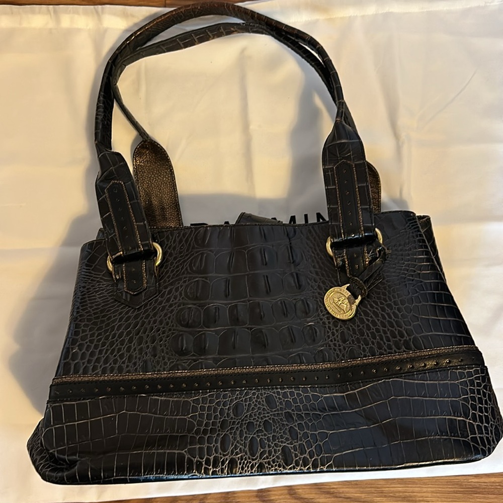 Brahmin Black Leather Alligator Textured Top Handle Bag